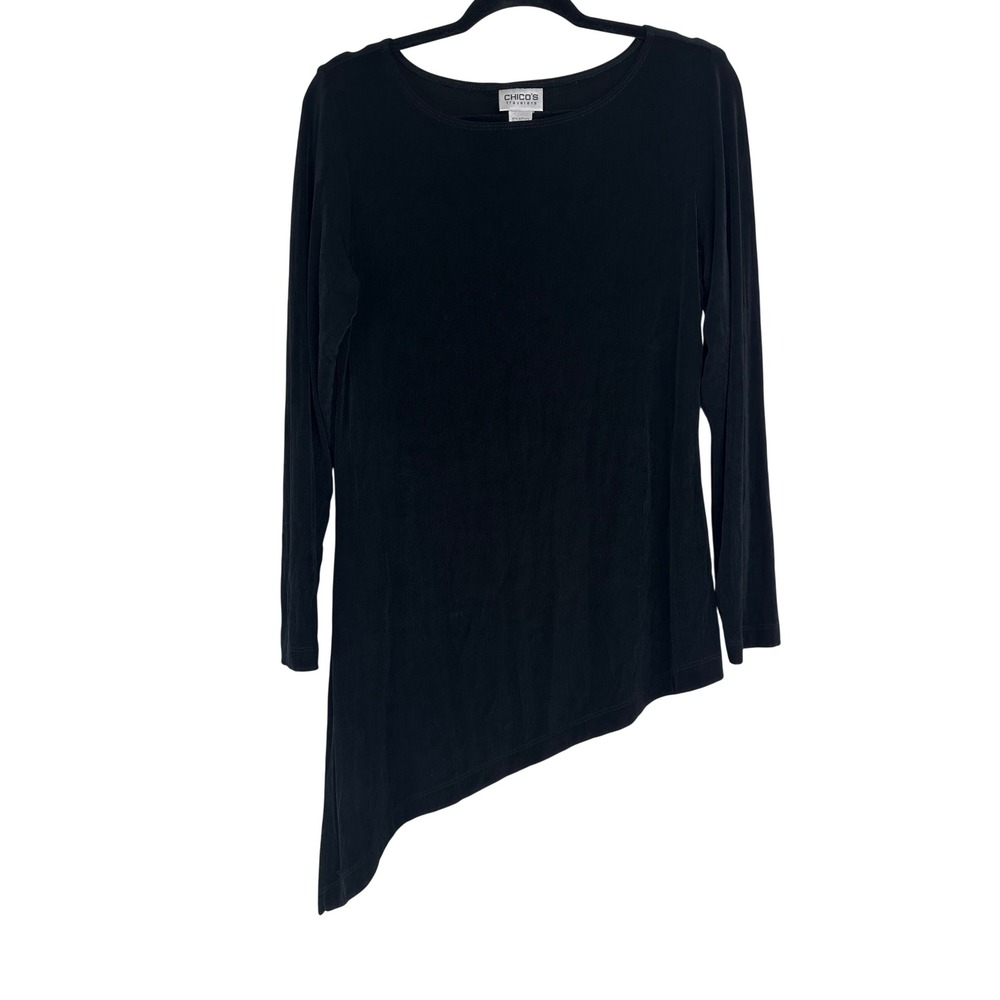 Chicos Travelers Black Asymmetrical Hem Top Ribbed Size 1 M Slinky Whimsygoth
